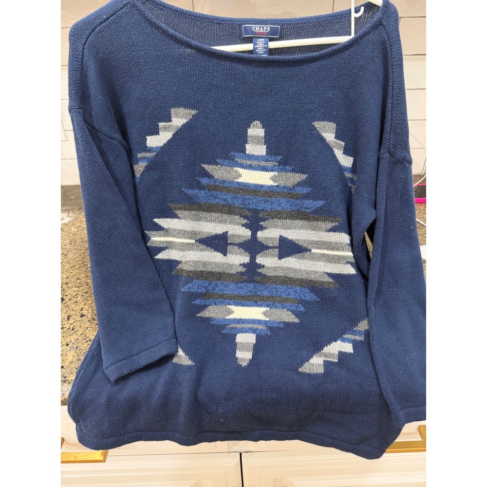 Chaps Denim Navy Blue Southwestern Geometric‎ Cotton Knit Sweater Womens Large